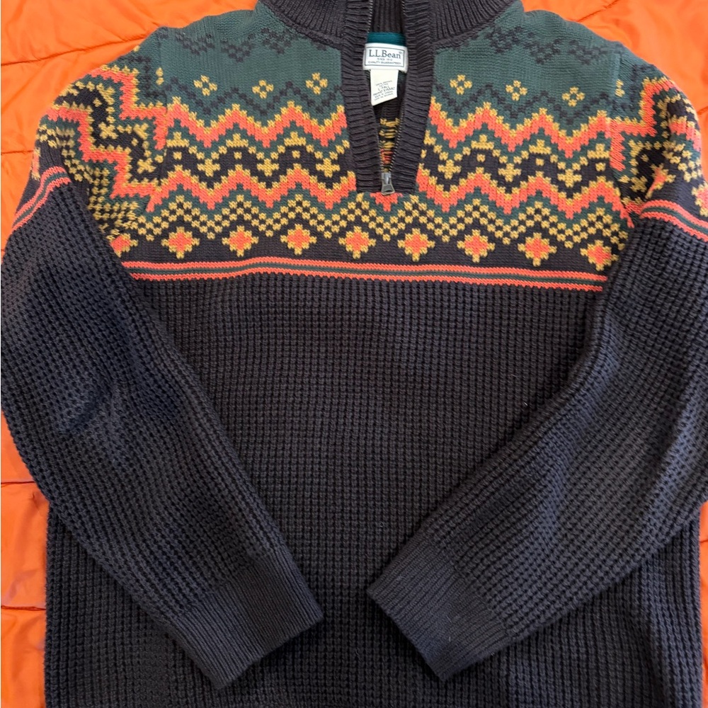 L.L. Bean Men's Brown, Green, Orange and Yellow Patterned Zip-Up Ski Sweater